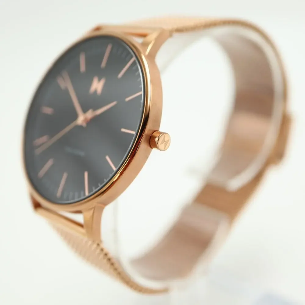 MVMT Magnolia Boulevard Rose Gold Tone Black 38mm Watch Mesh Steel w New Battery